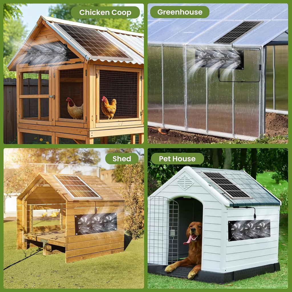 waterproofed solar powered 3 fan kit for outdoor, front angle view