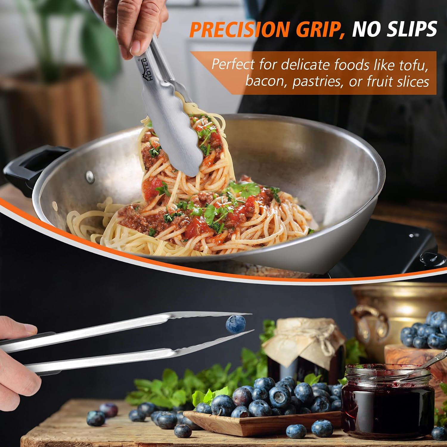 Hotec Stainless Steel Kitchen Tongs, Locking Metal Food Tongs for Cooking, Serving, BBQ, Grill & Air Fryer with Non-Slip Grip, Set of 2-9" and 12"