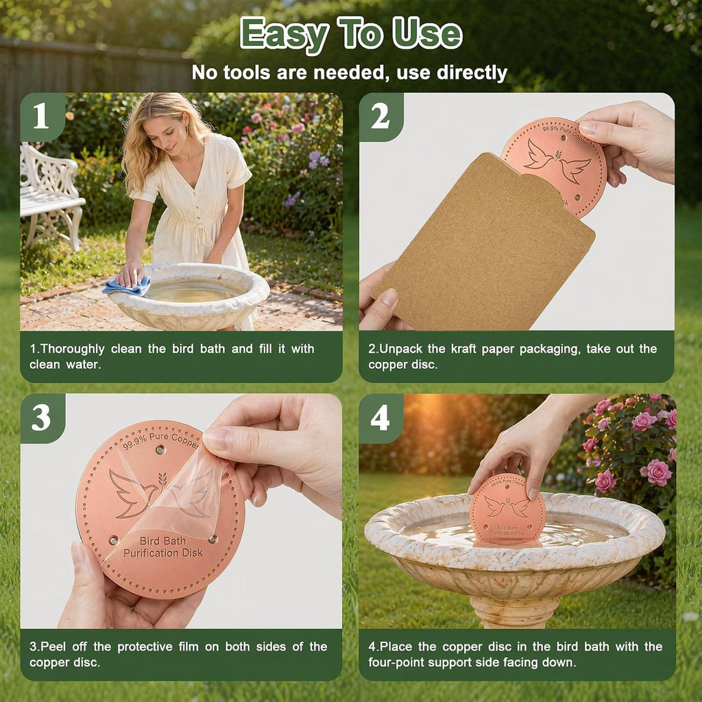 2 Pack Bird Bath Copper Disk, 0.6mm Thick 99.9% Pure Copper Cleaning Disc Plate for Physical Safe Water Purification All-Season for Outdoor Wildlife Bird Bowls Birdbaths Solar