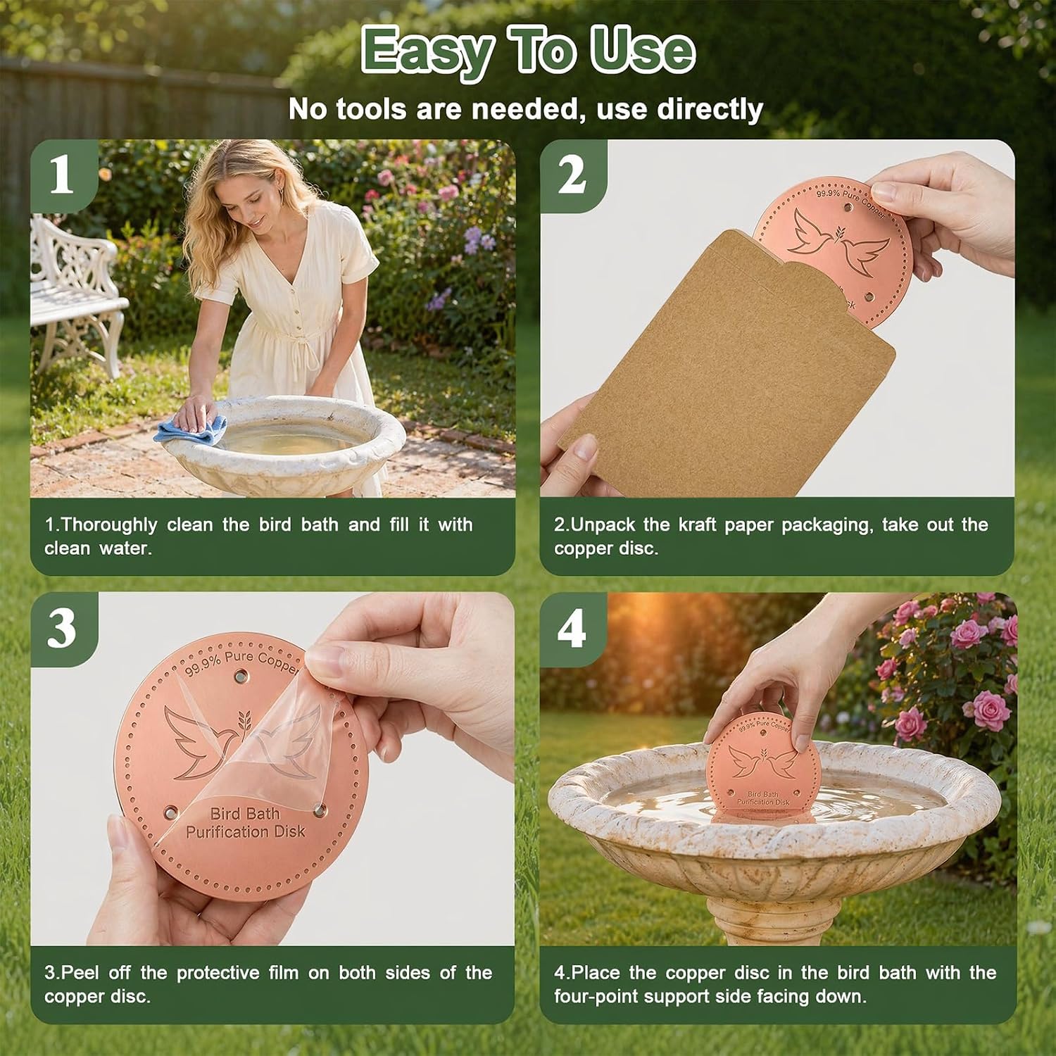 2 Pack Bird Bath Copper Disk, 0.6mm Thick 99.9% Pure Copper Cleaning Disc Plate for Physical Safe Water Purification All-Season for Outdoor Wildlife Bird Bowls Birdbaths Solar