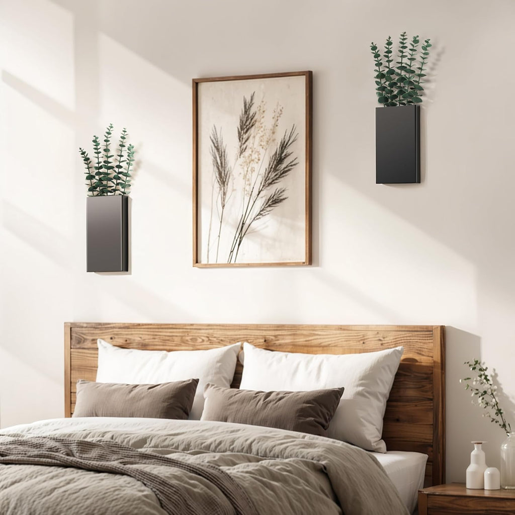 2 Pack Metal Wall Planter Vases Decor with Artificial Eucalyptus, Modern Farmhouse Rustic Hanging Pocket Planters for Indoor Greenery and Flowers, Living Room Bedroom Kitchen Decoration, Black