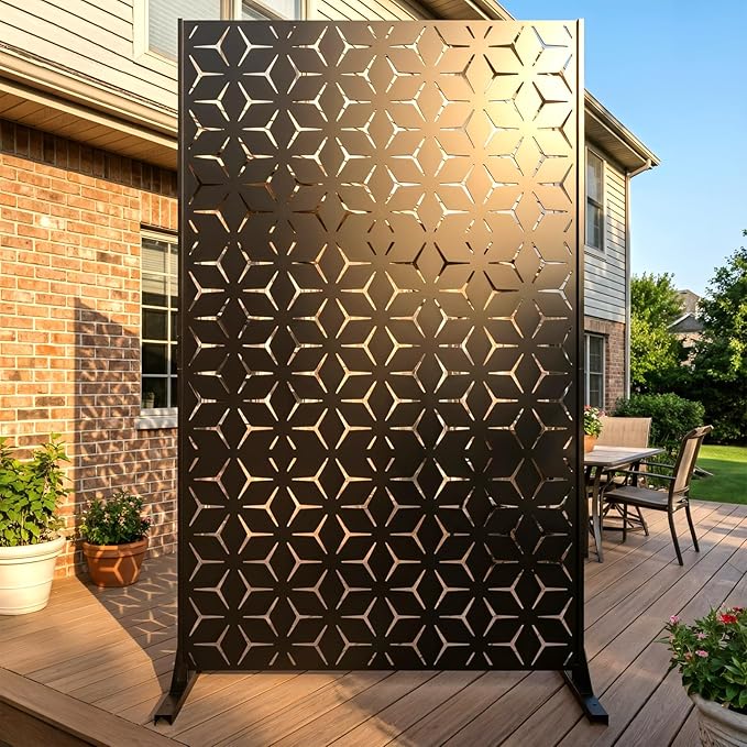 6FT Metal Privacy Screen Outdoor – Decorative Laser Cut Privacy Fence Panel for Patio, Deck & Garden, Rustproof Steel Privacy Divider, Modern Geometric Design, Freestanding Outdoor Privacy Screen