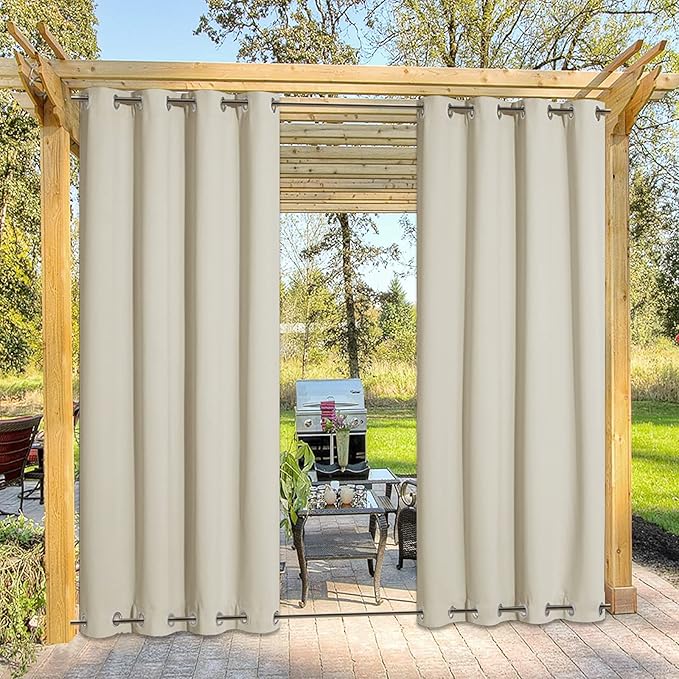 NICETOWN Outdoor Curtain for Patio Waterproof & Windproof, Thermal Insulated Top and Bottom Fixed Rustproof Grommets Light Block Outdoor Curtain Drape for Pool, Beige, 1 Panel, W52 by L95