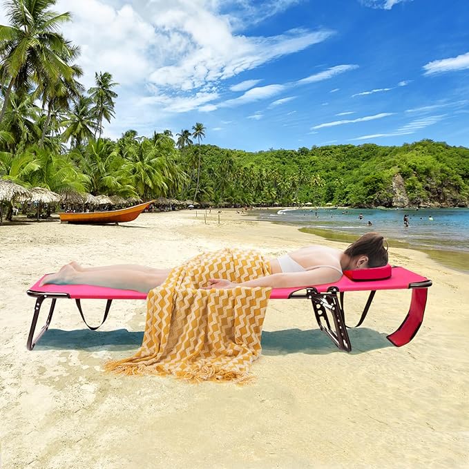GYMAX Tanning Chair, 350lbs Beach Lounge Chair with Face Hole, Detachable Washable Pillow & Carry Strap, Adjustable Folding Chaise Lounge, Layout Chair for Outside, Patio, Poolside, Lawn (2, Pink)