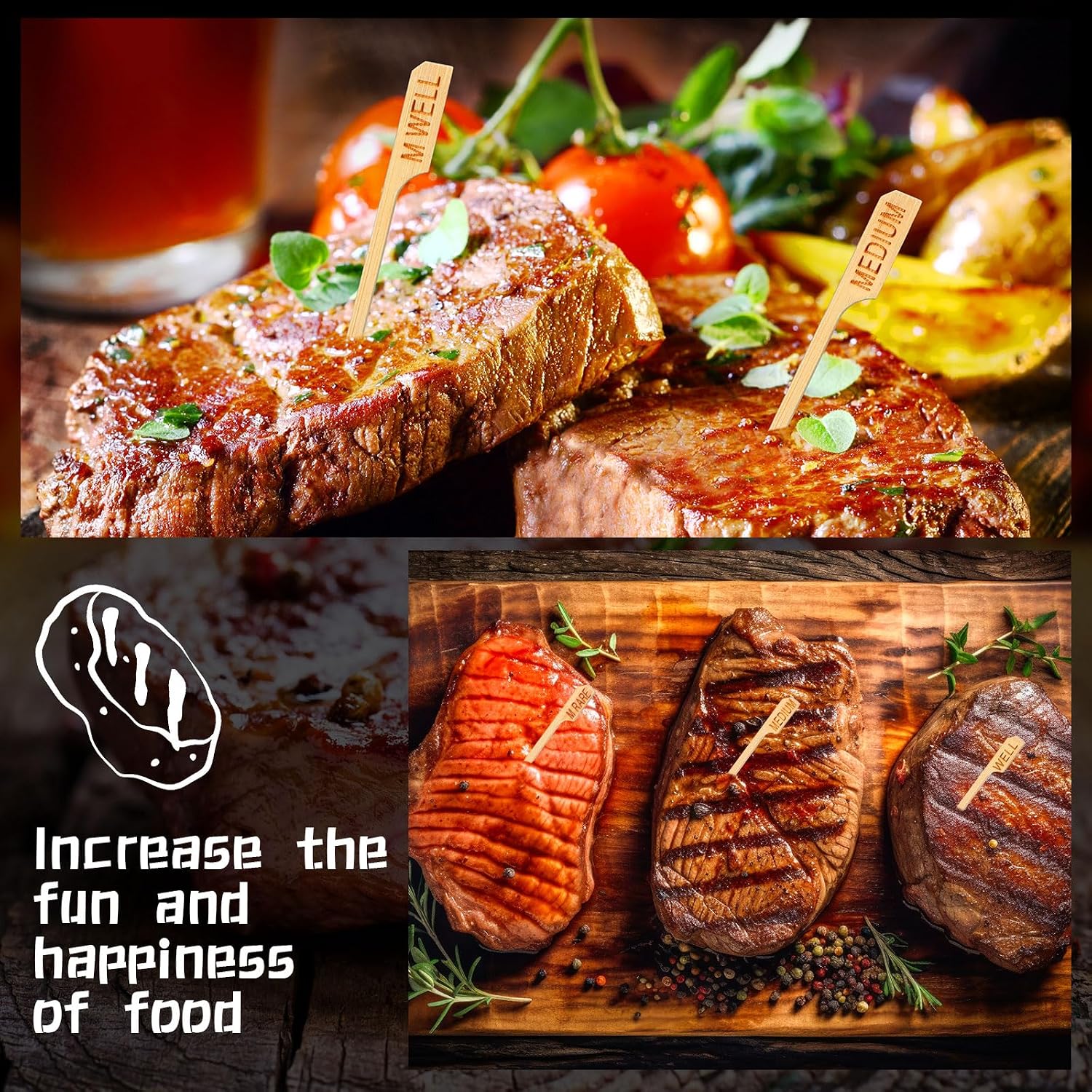 Soaoo 500 Pcs 3.5" Assorted Bamboo Wood Temperature Picks Steak Temperature Sticks Meat Doneness Steak Markers Bamboo Paddle Skewers Sticks for BBQ Barbecue Party Cocktail Fruit Grilling Roasting