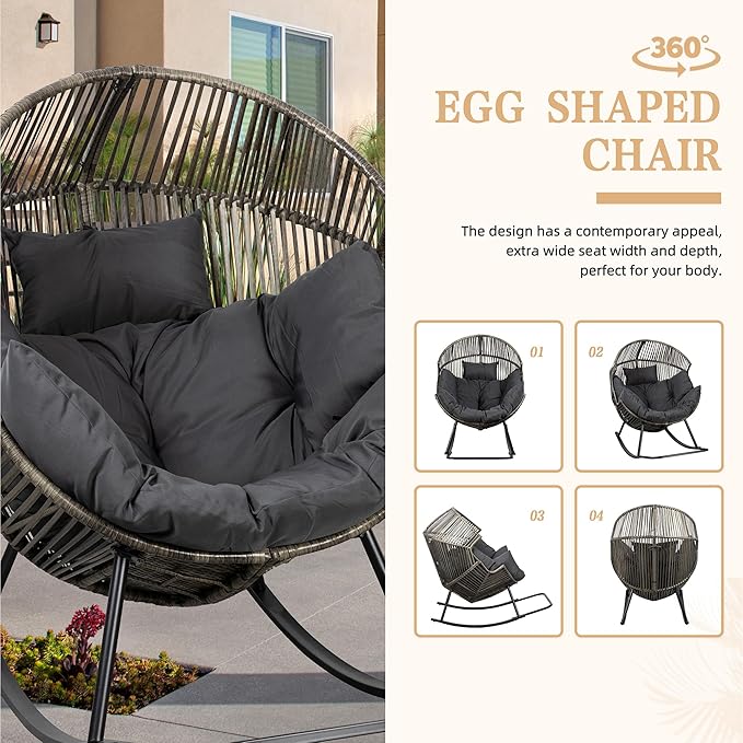 Vongrasig Wicker Egg Chair PE Rattan Rocking Chair with Cushion, Oversized Patio Lounge Rocker Chair for Outdoor, Indoor, Balcony, Backyard, Garden, Black/Rattan