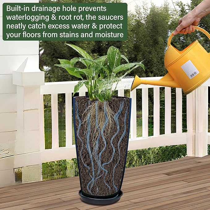 24/21/12 Inch Large Plastic Planter, Lightweight Ceramic-Look Tall Planters with Drain Hole & Saucers, Tall Plastic Planters for Porch, Garden, Patio, Balcony(Dark Blue)
