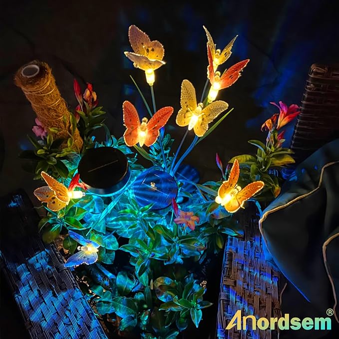 Anordsem Solar Garden Lights Outdoor: 8 Removable Fiber Optic Fabric Butterflies 4 Pack - Waterproof Fun Animal Decoration for Yard Patio - Gardening Gifts for Garden Lovers
