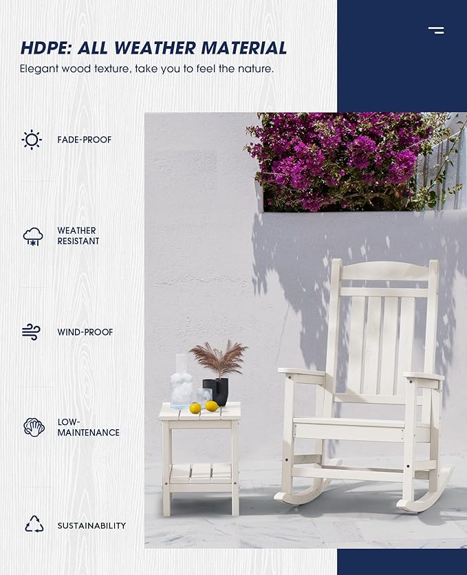 KINGYES HDPE Patio Rocking Chair Set of 2, Outdoor Rocking Chairs Porch Rocker for Adults, White