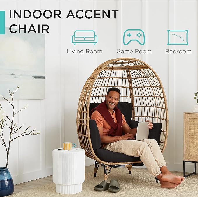 Best Choice Products Wicker Egg Chair, Oversized Indoor Outdoor Lounger for Patio, Backyard, Living Room w/ 4 Cushions, Steel Frame, 440lb Capacity - Black