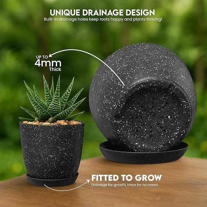 Utopia Home - Spotty Plant Pots Indoor with Drainage - 7/6.6/6/5.3/4.8 Inches Flower Pots - 5 Pack Plastic Planters - Ideal for Stocking Stuffers - (Speckled Black, Pack of 5)