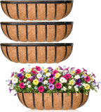 30'' Window Box Railing Planter with Coco Liner,4 Pack Horse Trough Planters Black Metal Hanging Flower Planters Basket for Porch Fence Patio Indoor Outdoor Lawn