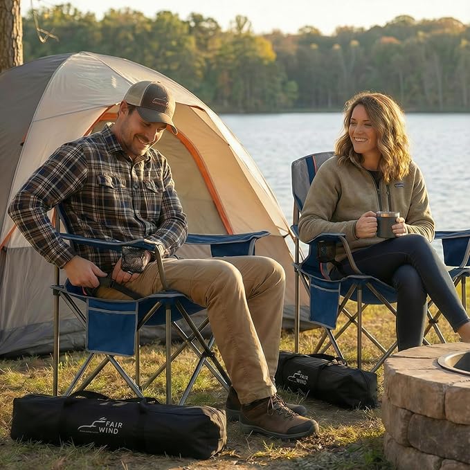 FAIR WIND Heavy Duty Camping Chair, Oversized Padded Folding Chair for Big and Tall (450lbs), Extra Wide Seat with Integrated Cooler & Storage Pocket, Adjustable Lumbar Support for Outdoor