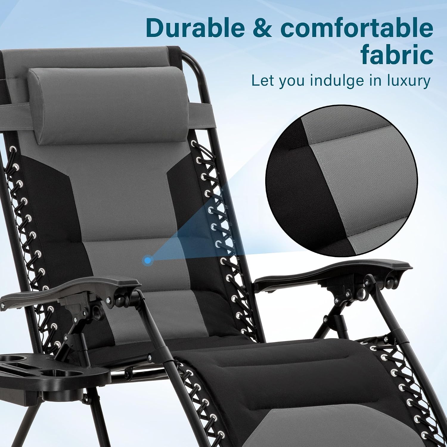 MFSTUDIO Padded Zero Gravity Chair, Cup Holder, Set of 2, 28in Seat, Grey | Outdoor Foldable Recliner, Removable Cup Holder, 28in Seat, Armrest Included, Holds Up to 400 LBS