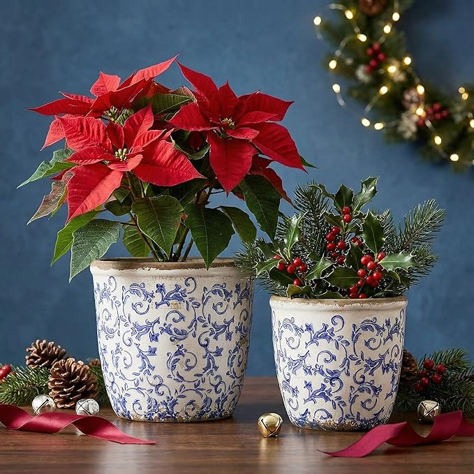 Vintage Ceramic Planter Without Drainage Hole, 6.5 Inch - Indoor/Outdoor Flower Pot for Orchids, Succulents, Blue Floral Rustic Farmhouse Plant Pot for Home, Office & Garden Décor, Ideal Gift