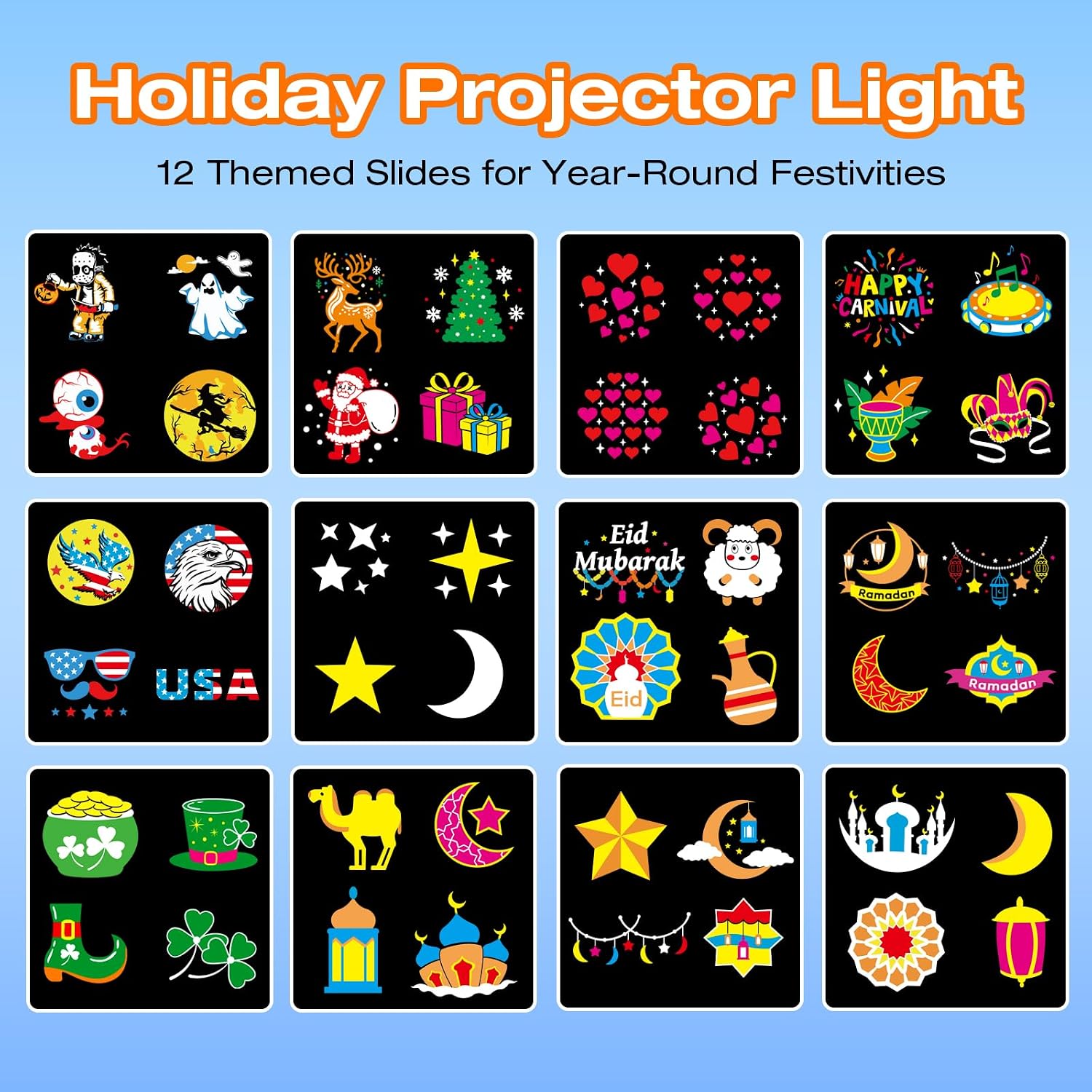 Halloween Christmas Projector Lights Outdoor, Holiday Decorations | Waterproof for 4th Jul, Valentine’s Day ,St. Patrick's Day ,Ramadan,decor for Garden, Home, Yard(11 Cards)