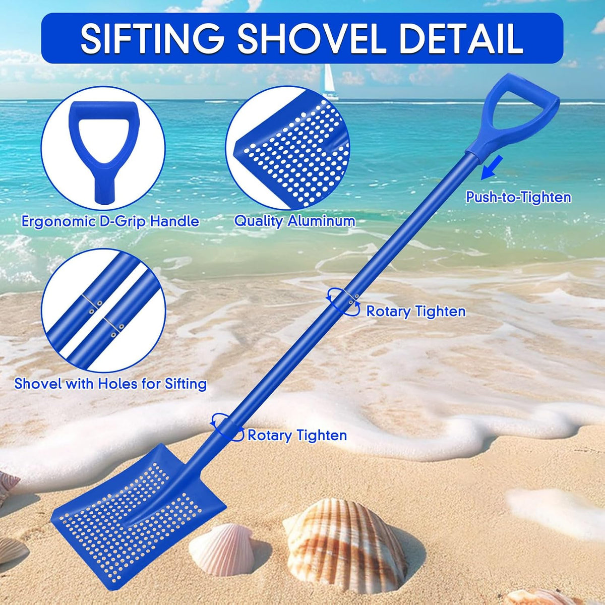 sifting shovel, heavy duty metal sand sifter for, close-up detail