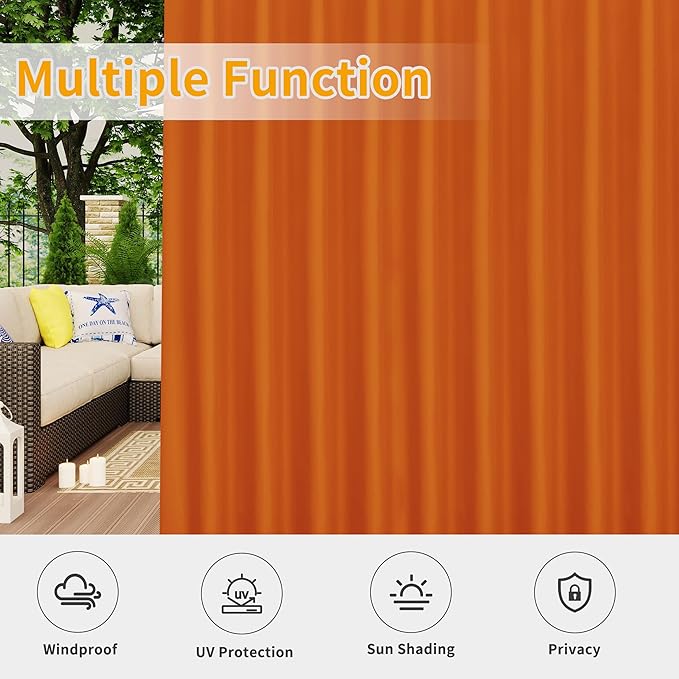 Easy-Going Outdoor Patio Curtains Detachable Tab Top Windproof Weatherproof Curtain for Cabana, Porch, Pergola and Gazebo, Tab Bottom Drape, 2 Panels, 110W x 108L inch, Orange