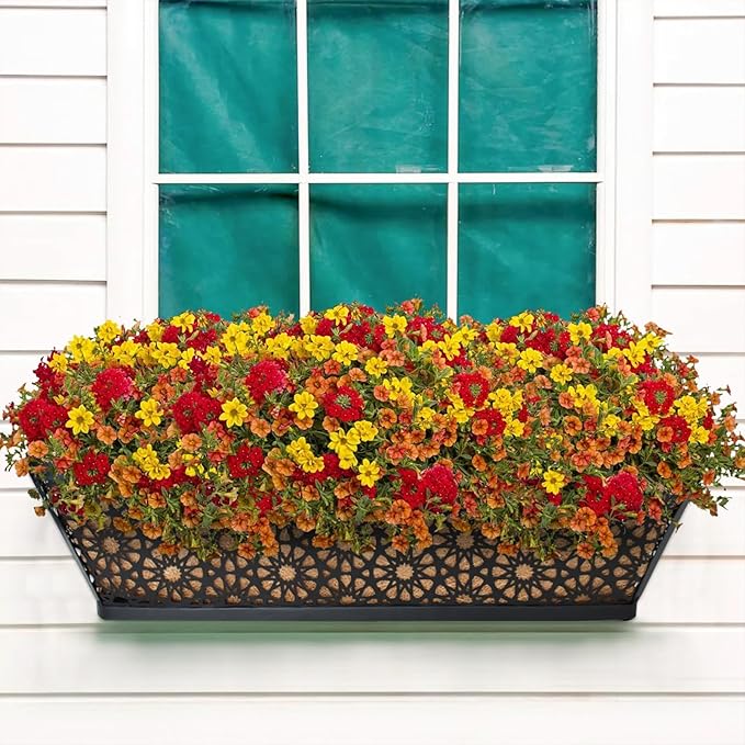 Halatool 24 Inch Window Box with Coco Liner, 4 Pack Sturdy Metal Flower Railing Planter with Coco Coir Basket Liners for Window Deck Fence Porch Balcony and Patio Outdoor Indoor Lawn