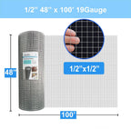 1/2” Galvanized Hardware Cloth 48" x 100' 19 Gauge Wire Mesh Roll | Hot-Dip Galvanized After Welding, Chicken Wire Raised Garden Bed Plant Supports Poultry Netting Wire Cloth & Wire Mesh Roll