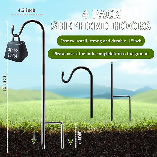 4 Pcs 15 Inch Shepherds Hook for Outdoor Adjustable Bird Feeder Pole Metal Steel Shepard Hooks for Hummingbird Stand Feeder Pole for Garden Plant, Lantern, Hanging Wedding Decor