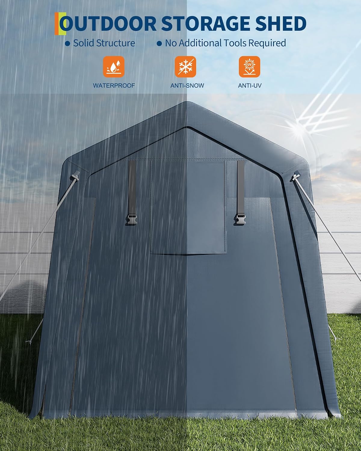 garveelife portable outdoor storage shed with roll-up zipper showing dimensions