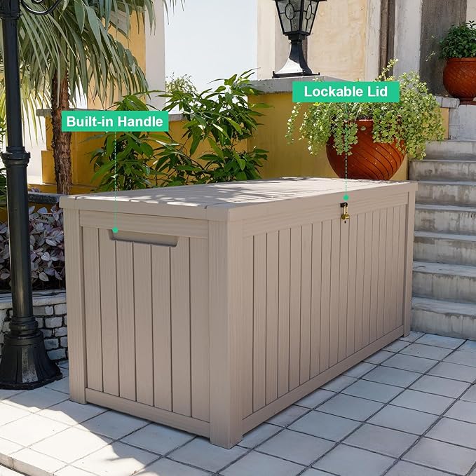 DRATO 200 Gallon Deck Box, Waterproof Resin Large Outdoor Storgae Box for Patio Furniture, Patio Cushions, Gardening Tools, Pool Supplies, Lockable（Gray，200 Gallon）