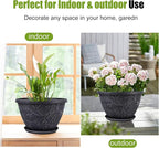 4 Pack 8 Inch Flower Pots for Outdoor Indoor, Plastic Plant Pots with Drainage Hole & Saucer, Lightweight Small Resin Flower Pot, Imitation Magnolia Pots for Garden House planters（Gray）