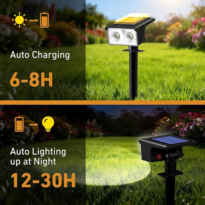btfarm Solar Spot Lights Outdoor Waterproof, 2 Pack/3 Modes Motion Sensor Lights, Solar Powered Spotlights 2-in-1 Auto On/Off for Outside Pathway Yard Garden Lighting, Cool White