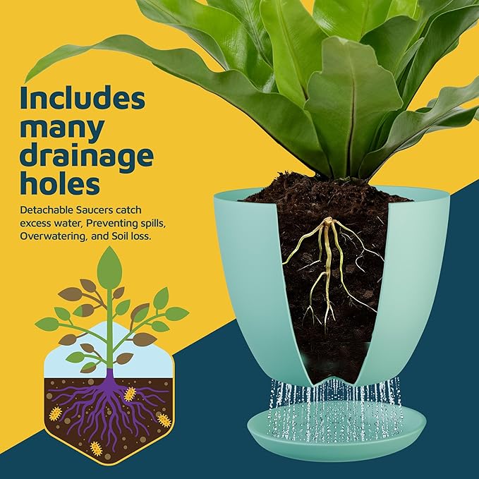 Planter Pots with Drainage Holes - Lightweight, Durable, and Space-Saving Pots for Indoor and Outdoor - Versatile Functionality, Simple Modern Design, Set of 10 Plastic Planter Pots - Aqua
