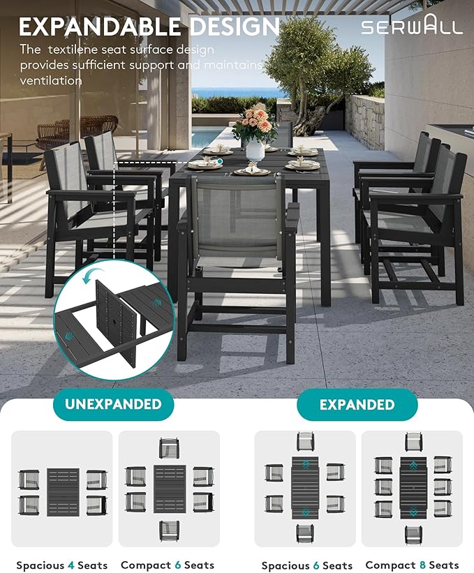 SERWALL 9-Piece Outdoor Dining Set, 60" - 83" Expandable Patio Dining Table with 6 Breathable Textilene Chairs, All Weather HDPE Patio Furniture Set for Backyard, Garden, Black