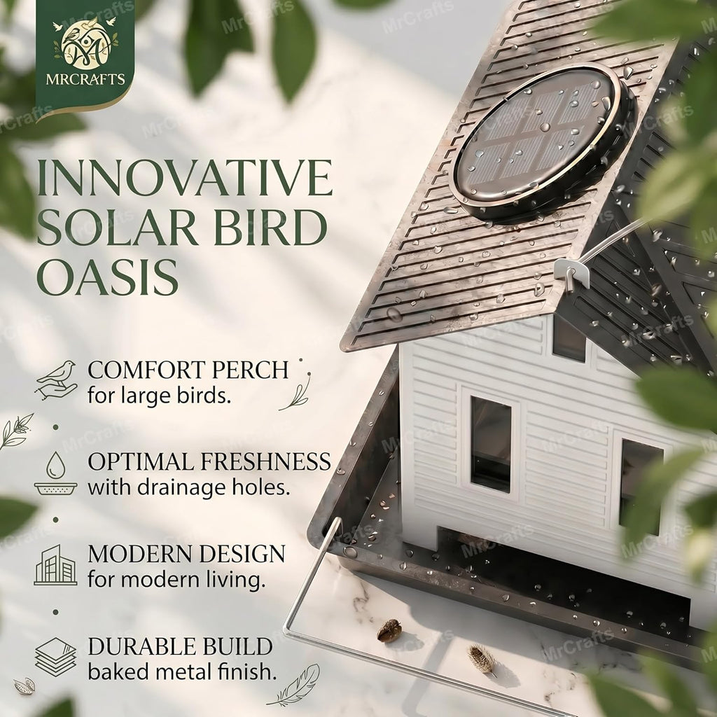 mrcrafts solar bird feeder - hanging metal bird, close-up detail