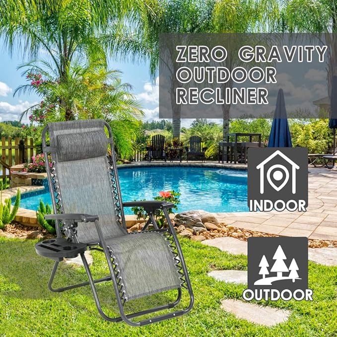 FDW Set of 2 Lawn Outdoor Deck Camping Folding Patio Beach Anti Recliner Pool Chair with Pillow and Cup Holder, Grey