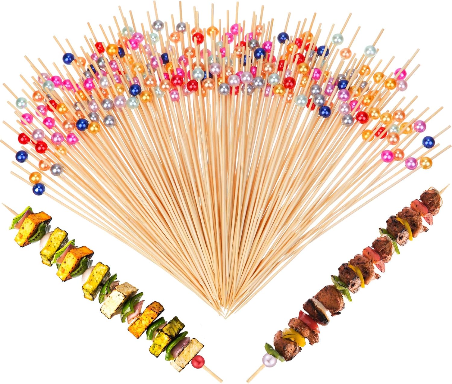 100 Pcs 8 Inch Long Pearl Skewers Cocktail Picks, Party Favors | Pearl Skewers for Wedding Birthday Baby Shower Party Fancy Bamboo Sticks Toothpicks for Appetizer Fruit Dessert Barbecue