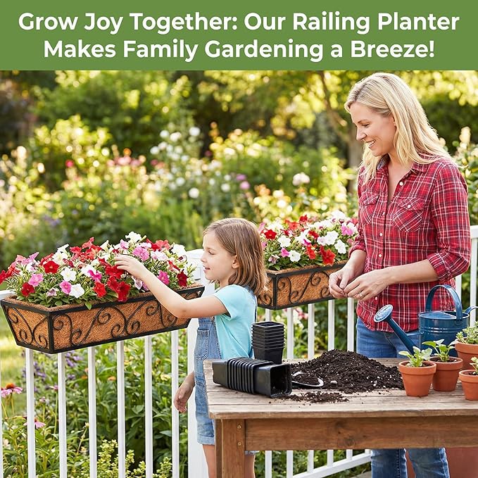 4pcs 24 Inch Window Deck with Coco Liner, 24" Window Boxes Horse Trough with Coconut Coir Liner, Metal Hanging Flower Planter Window Basket Deck Railing Planter Boxes for Outdoor Indoor Lawn