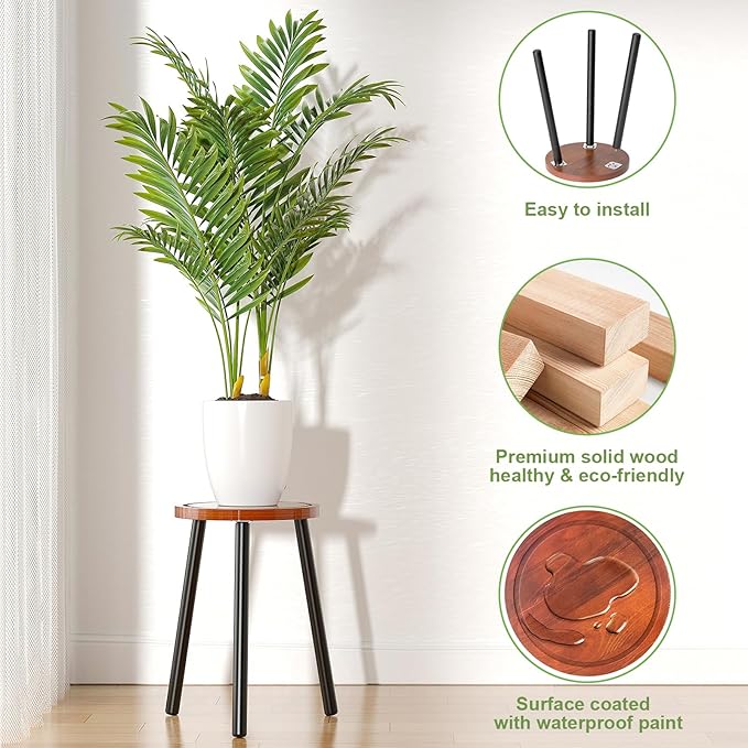 Wood Plant Stands Indoor, 16.7" Tall Plant Stand Outdoor Mid-Century Plant Stool, Single Plant Table Modern Small Round Side/End Table for Living Room, Balcony, Office (Brown)
