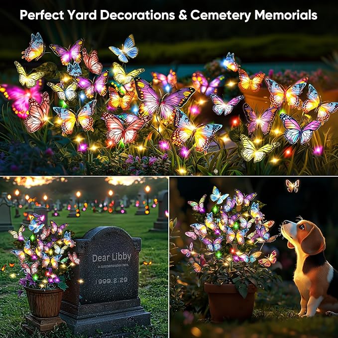 Solar Lights Outdoor Garden Decor: 8 Pack 136 Silk Butterflies with 176 Color-Changing LEDs - Auto On/Off 12H Magical Lighting IP65 Waterproof for Yard Patio Pathway - Unique Gifts for Mom Grandma