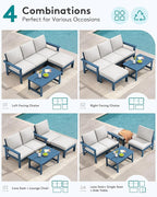 SERWALL Outdoor Sectional Sofa Set, 5-piece Outdoor Modula Couch Set with Ottoman, All Weather Patio Furniture Set with Chaise for Deck, Lawn, Blue Frame with Khaki Cushion