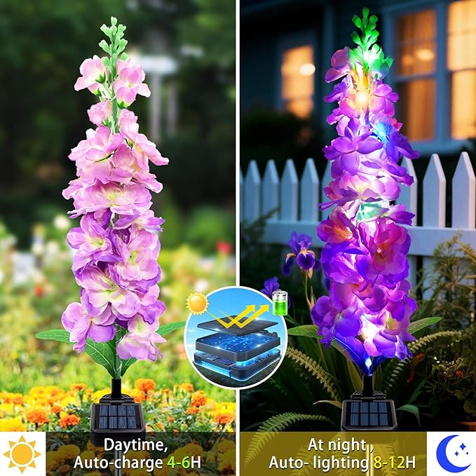 Solar Garden Lights, Solar Purple Delphinium Flowers Lights 8 Pack 160 LEDs, Waterproof Outdoor Light Two Lighting Modes for Outside Wedding Party Garden Yard Patio Lawn Decor