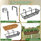 SPECILITE 30" Window Boxes Planters, Heavy Duty Metal Railing Planter Boxes, Adjustable Balcony Planters for Railing Hanging, with Coco Liner & Tool Set for Deck, Porch, and Patio Gardening (4 Pack)
