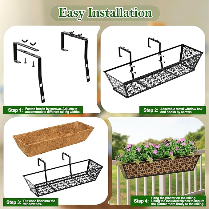 SPECILITE 24" Window Boxes Planters, Heavy Duty Metal Railing Planter Boxes, Adjustable Balcony Planters for Railing Hanging, with Coco Liner & Tool Set for Deck, Porch, and Patio Gardening (6 Pack)