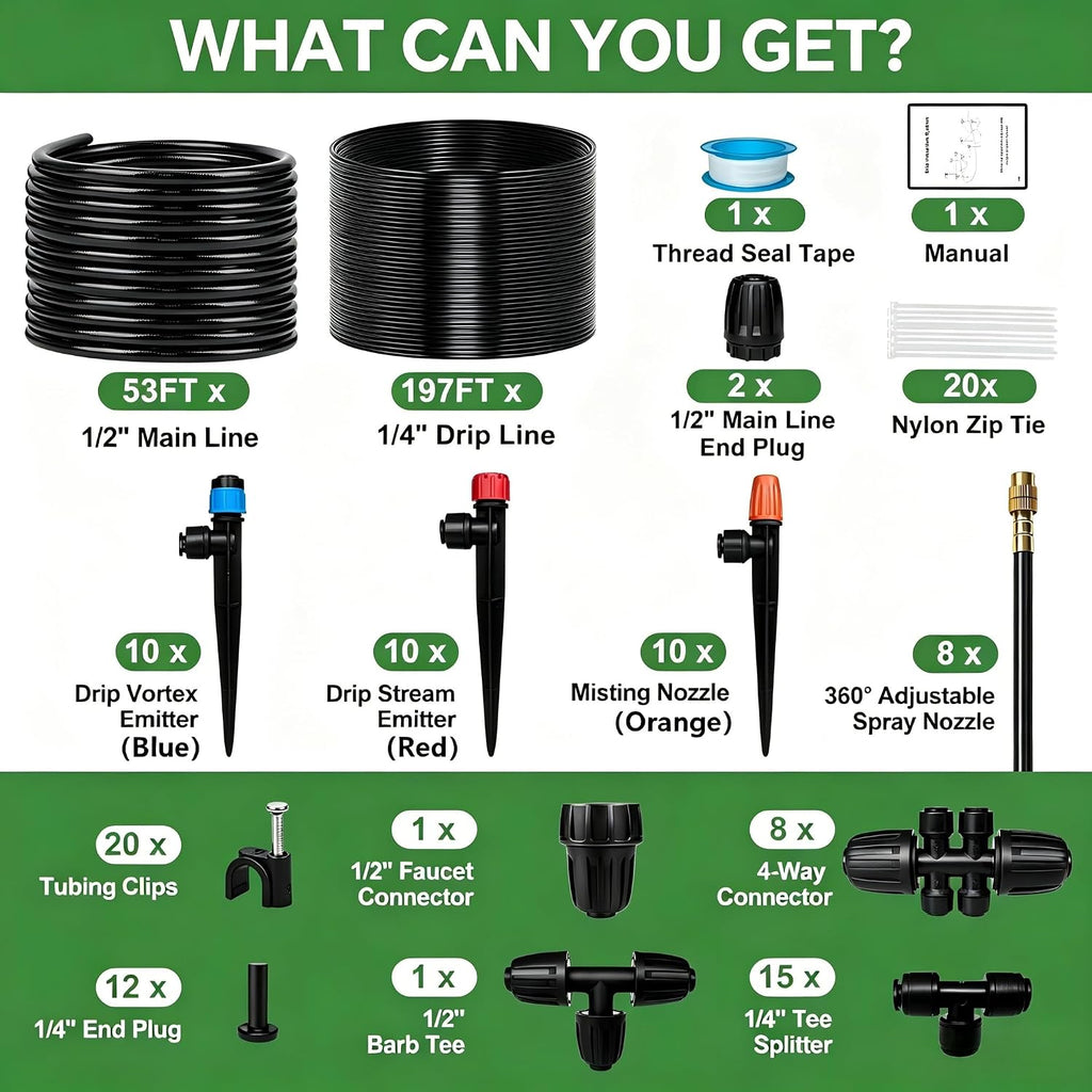 250FT Drip Irrigation System for Garden with 38pcs Adjustable Copper Nozzles & Emitters, Automatic Garden Watering System with 1/2" & 1/4" Tubing for Raised Bed, Yard, Greenhouse, Potted Plants, Lawn