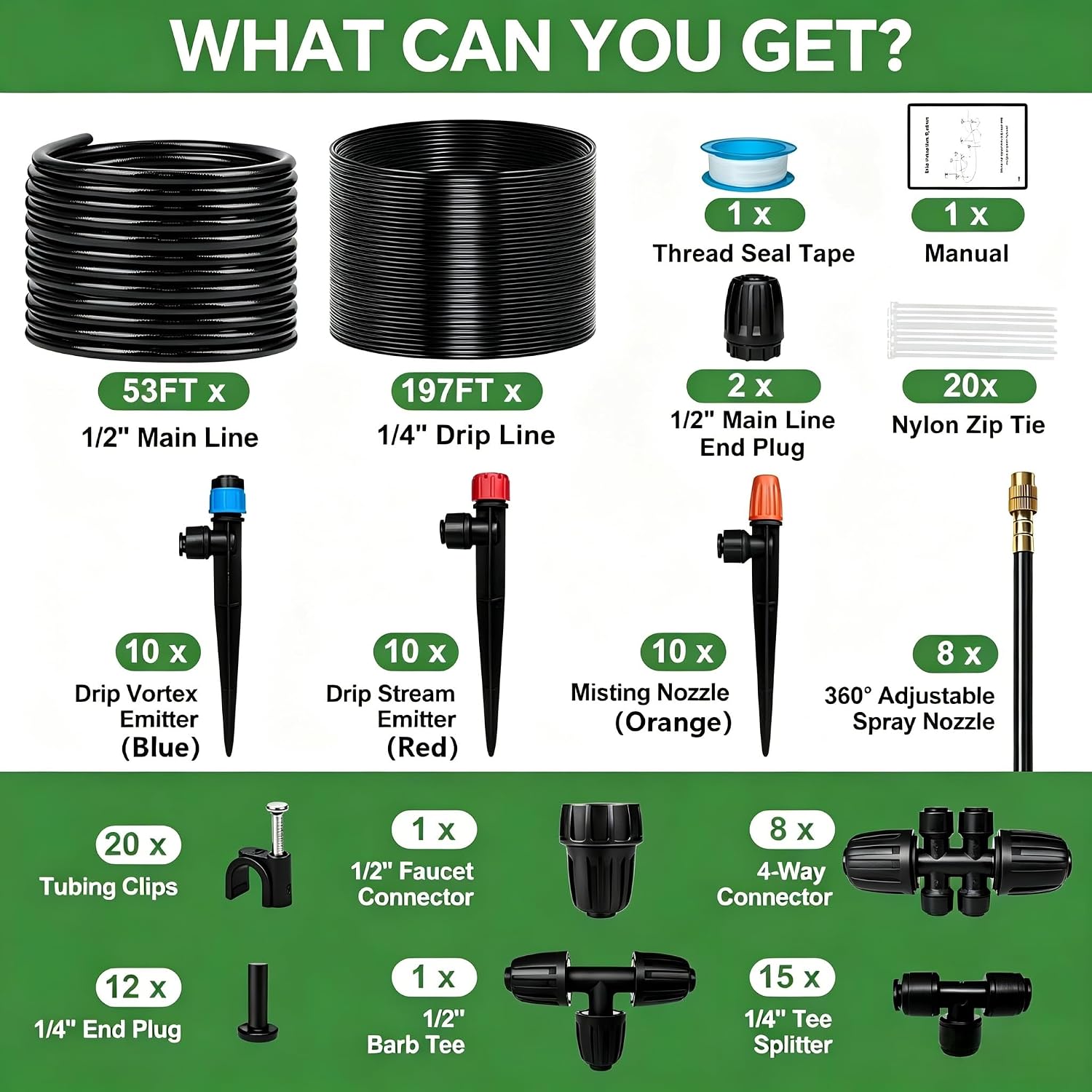 250FT Drip Irrigation System for Garden with 38pcs Adjustable Copper Nozzles & Emitters, Automatic Garden Watering System with 1/2" & 1/4" Tubing for Raised Bed, Yard, Greenhouse, Potted Plants, Lawn