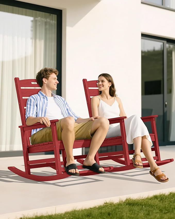 SERWALL Outdoor Rocking Chair Set of 4, Oversized HDPE Patio Rocking Chair with Footrest for Adults, All Weather Porch Rocker for Deck Patio Balcony, Red