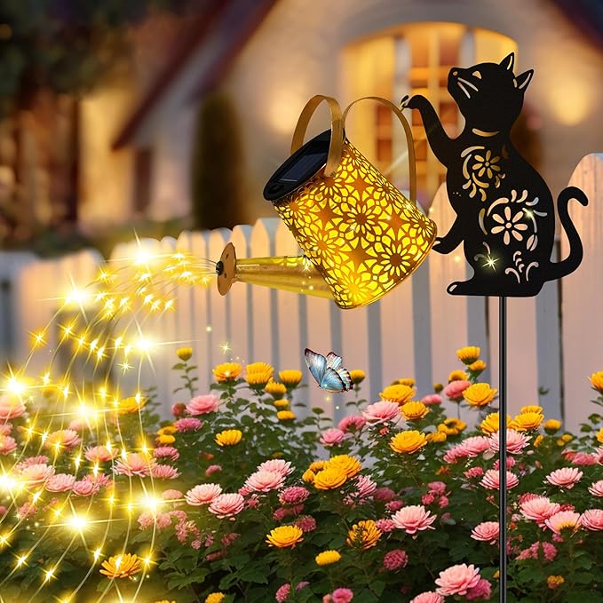 Solar Lights Outdoor Decorative, Watering Can with Cascading Lights, with Cat Silhouette Garden Stakes, Gifts for Mom Women, Waterproof Metal Garden Decor for Yard Art, Outside, Patio, Lawn Ornaments