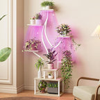 PRAISUN 51.3 Inch Plant Stand with Grow Light, 6 Tiered Indoor Plant Shelf with Larger Flower Holder, Pine-Shaped Stand, 3 Light Modes, Open Base, Corner Plant Rack for Living Room, Oak and White