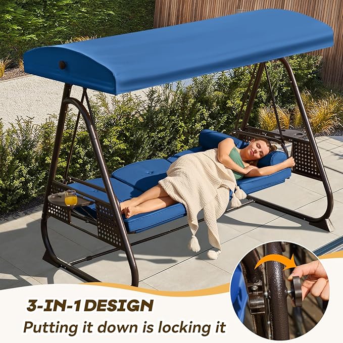 3 in 1 Outdoor Porch Swing with Adjustable Canopy, 3 Seat Outdoor Swing for Adults, Patio Swing Chair with Thickened Cushions,Pillows & Cup Holders for Backyard, Porch, Garden (Blue)