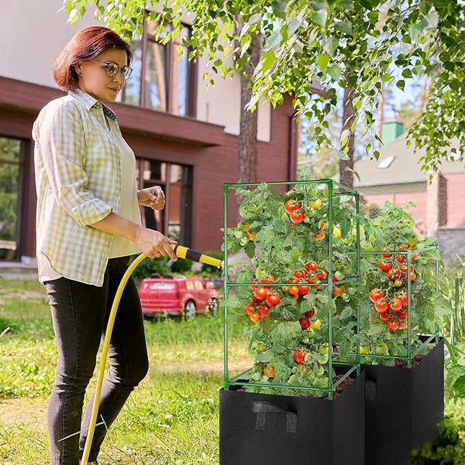 ANPHSIN Tomato Cages with 17 Gallon Grow Bags - 46'' Heavy-Duty Plant Support Cage Kit, Garden Pots with Square Plant Trellis for Flowers Vegetables Cucumber Vertical Climbing Vines, 2 Sets