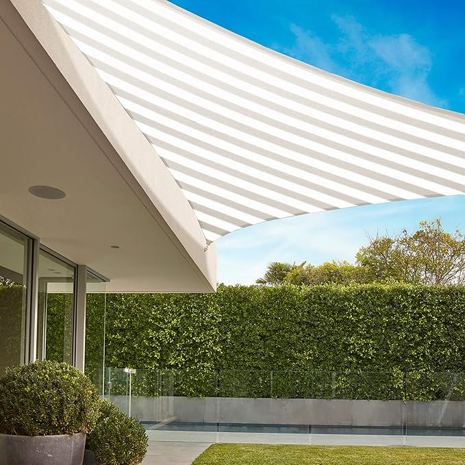 E&K Sunrise 28' x 28' x 28' Sun Shade Sail Triangle Canopy Shade Cover UV Block for Patio Backyard Garden Outdoor (Beige White Strip)