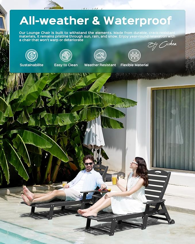 Ciokea Lounge Chair Outdoor, Oversized Chaise Lounge Chair with 5 Positions, HDPE, Patio Lounge Chair with Wheels & Cup Holder for Pool, Deck, Poolside, Black